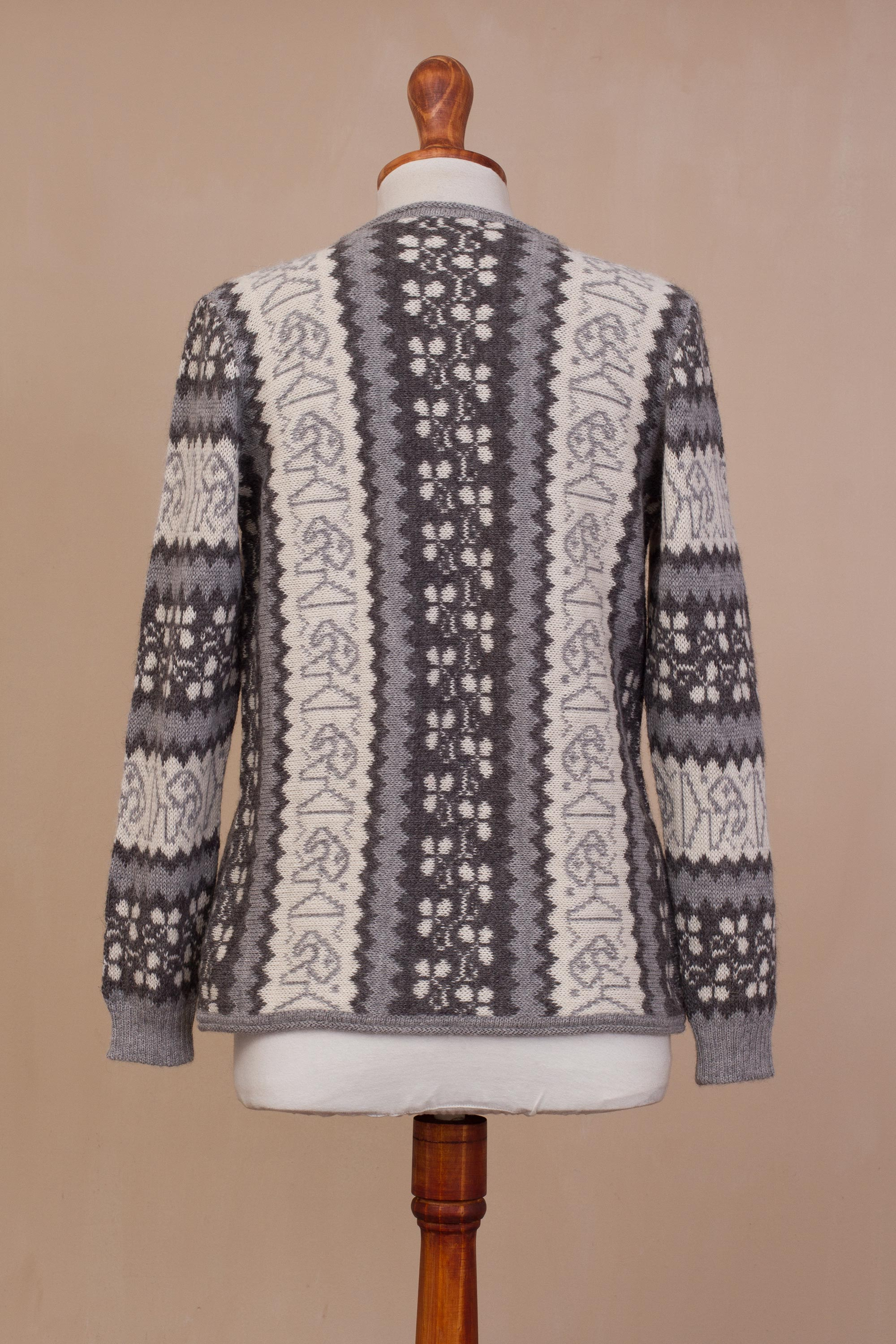 Knit Grey and Ivory Alpaca Cardigan Sweater from Peru - Cozy Warmth in ...
