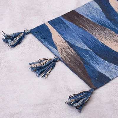 camino de mesa de lana - Camino de mesa de lana azul rectangular tejido a mano