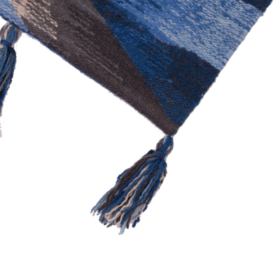 camino de mesa de lana - Camino de mesa de lana azul rectangular tejido a mano