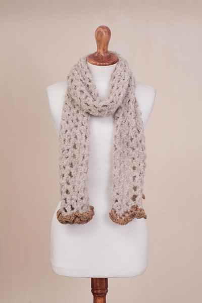 Alpaca blend scarf, 'Oyster Elegance' - Hand-Crocheted Alpaca Blend Scarf in Oyster from Peru