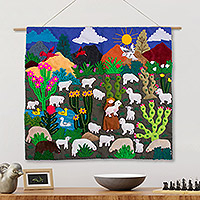 Cotton blend applique wall hanging, 'Life in the Andes' - Embroidered Cotton Blend Applique Wall Hanging from Peru