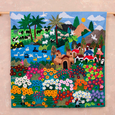 Cotton blend applique wall hanging, 'Church in the Andes' - Cotton Blend Applique Wall Hanging from Peru