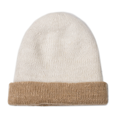 100% alpaca hat, 'Cozy Winter in Tan' - 100% Alpaca Hat in Beige and White from Peru