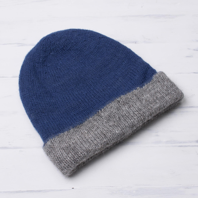 100% alpaca hat, 'Cozy Winter in Azure' - Knit 100% Alpaca Hat in Azure and Grey from Peru