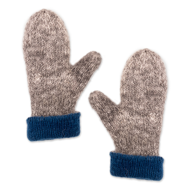 100% alpaca reversible mittens, 'Striking Contrast in Azure' - 100% Alpaca Mittens in Azure and Grey from Peru