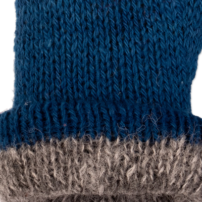 100% alpaca reversible mittens, 'Striking Contrast in Azure' - 100% Alpaca Mittens in Azure and Grey from Peru