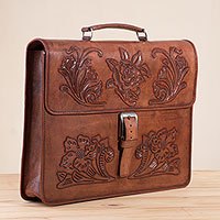 Lederhandtasche, 'Floral Executive' - Handgefertigte Lederhandtasche mit Blumenmuster aus Peru