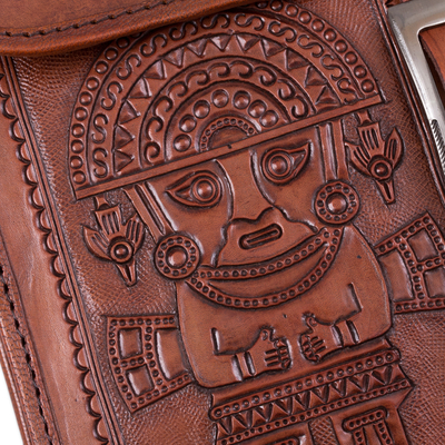 Leather sling, 'Tumi Cosmovision' - Pre-Hispanic Embossed Leather Sling from Peru