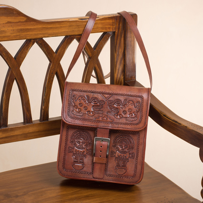 Leather sling, 'Inca Mythology' - Tumi Motif Embossed Leather Sling from Peru