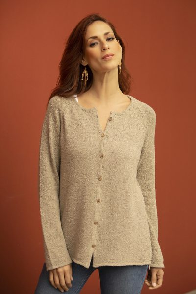 Pima cotton cardigan, 'Warm Grace in Taupe' - Pima Cotton Cardigan in Taupe from Peru