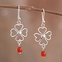 Carnelian dangle earrings, 'Open Luck' - Carnelian Sterling Silver Four-Leaf Clover Dangle Earrings