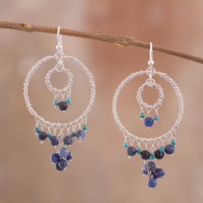 Sodalite chandelier earrings, 'Waterfall Dreams' - Silver Chandelier Earrings with Sodalite and Turquoise