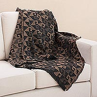 Alpaca Blend Throw with Geometric Motifs in Tan and Black,'Andean Labyrinth in Tan'