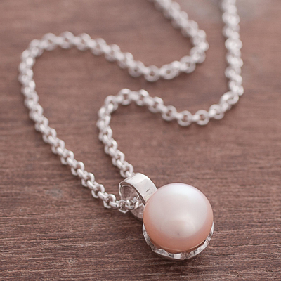 Cultured pearl pendant necklace, 'Peach Bloom' - Peach Cultured Pearl and Sterling Silver Pendant Necklace