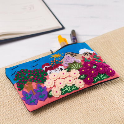 Appliqué pencil case, 'Flourishing Gardens' - Colorful Andean Gardens Cotton Blend Appliqué Pencil Case