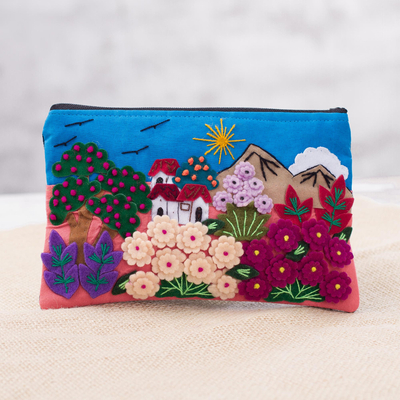 Appliqué pencil case, 'Flourishing Gardens' - Colorful Andean Gardens Cotton Blend Appliqué Pencil Case