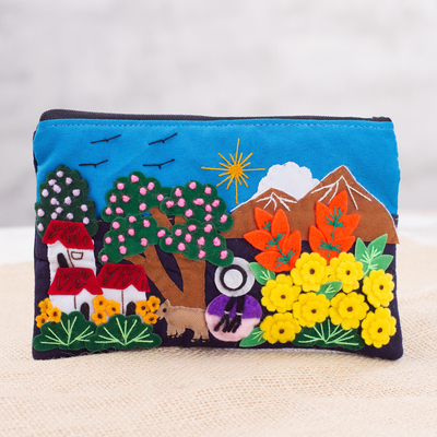 Appliqué pencil case, 'Mountain Home' - Colorful Mountain Home Cotton Blend Appliqué Pencil Case