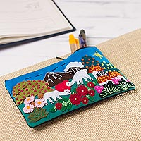 Appliqué pencil case, 'Happy Alpaca' - Grazing Alpacas Colorful Cotton Blend Appliqué Pencil Case