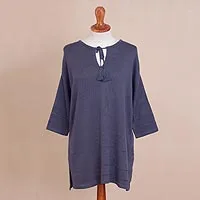 Pima cotton and viscose blend tunic sweater, 'Flirty Blue-Violet' - Pima Cotton and Viscose Blend Sweater in Blue-Violet