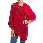 Red Alpaca Blend Knit Poncho with Hand Crocheted Trim, 'Dramatic Style'