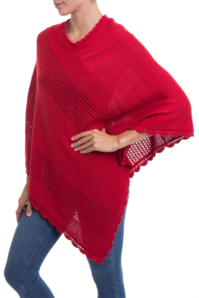 Alpaca blend poncho, 'Dramatic Style' - Red Alpaca Blend Knit Poncho with Hand Crocheted Trim