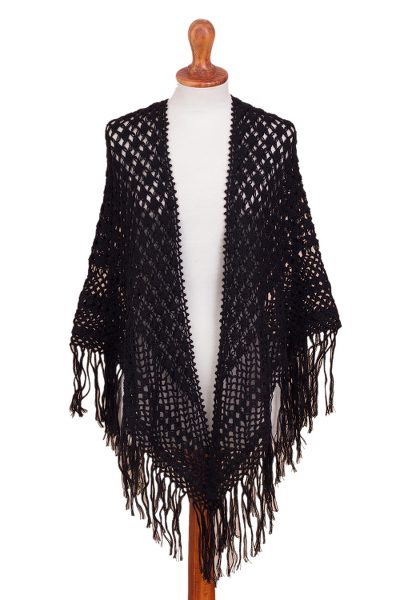 100% alpaca shawl, 'Amazon Black' - Crocheted 100% Alpaca Shawl in Black from Peru