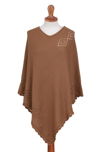 Alpaca blend poncho, 'Diamond Dunes' - Burnt Sienna Alpaca Blend Knit Poncho Hand Crocheted Trim