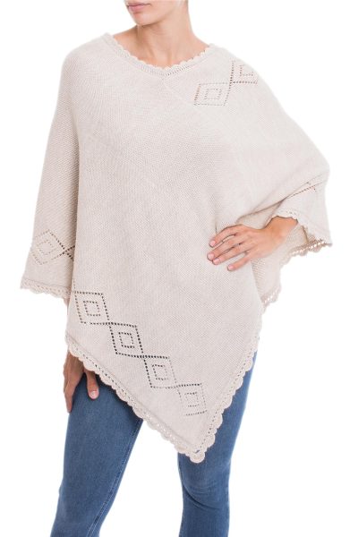 Alpaca blend poncho, 'Diamond Ecru' - Diamond Motif Alpaca Blend Poncho in Ecru from Peru