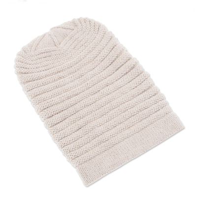 Ivory Alpaca Blend Welt Pattern Hand Knit Hat from Peru