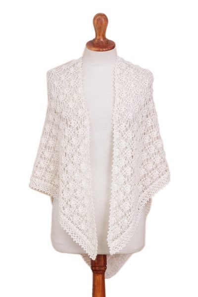 Alpaca blend shawl, 'Lacy Snow' - Alpaca Blend Shawl in Snow White from Peru