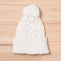 Alpaca blend hat, 'Snow White Braid' - Knit Alpaca Blend Hat in White from Peru