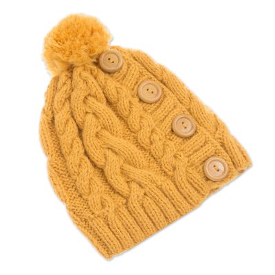 Alpaca blend knit cap, 'Cheery Hug in Yellow' - Yellow Alpaca Blend Buttons and Pompom Cabled Hand Knit Cap