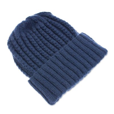 Alpaca blend knit cap, 'River Currents' - Unisex Azure Blue Alpaca Blend Ribbed Cable Hand Knit Cap