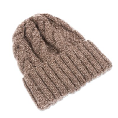 Alpaca blend knit cap, 'Salted Caramel' - Unisex Beige Alpaca Blend Cabled Hand Knit Cap from Peru