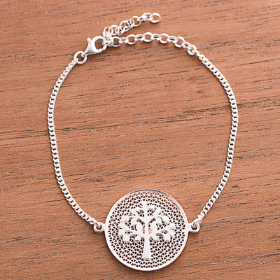 Sterling silver filigree pendant bracelet, 'Personal Growth' - Tree of Life Sterling Silver Filigree Disc Pendant Bracelet