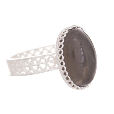 Smoky quartz filigree cocktail ring, 'Soulful Depths' - Oval Smoky Quartz and Sterling Silver Filigree Cocktail Ring