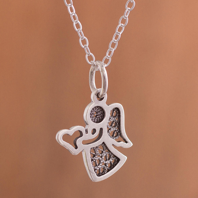 Sterling silver filigree pendant necklace, 'Love and Grace' - Sterling Silver Angel Pendant Necklace with Oxidized Filigre