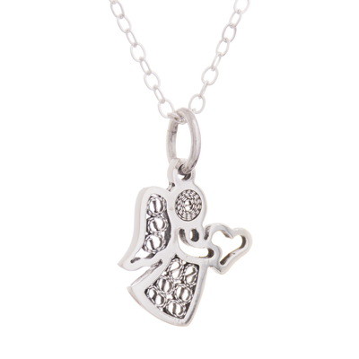 Sterling silver filigree pendant necklace, 'Love and Grace' - Sterling Silver Angel Pendant Necklace with Oxidized Filigre