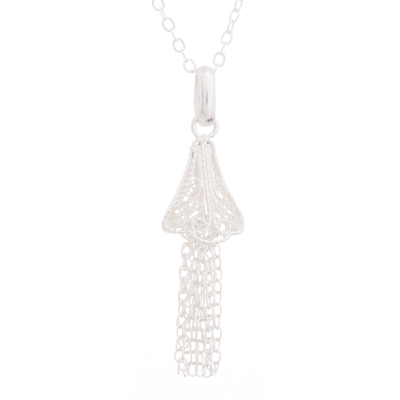Sterling silver filigree pendant necklace, 'Dancing Bell' - Handcrafted Sterling Silver Filigree Bell Pendant Necklace