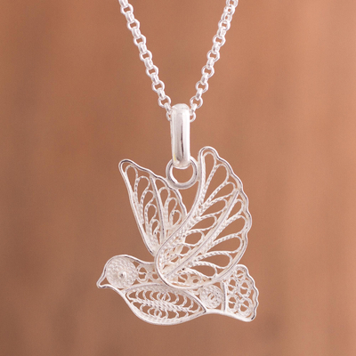 Sterling silver filigree pendant necklace, 'Peace and Grace' - Handcrafted Sterling Silver Filigree Dove Pendant Necklace