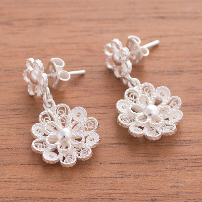 Sterling silver filigree dangle earrings, 'Exquisite Blossom' - Handcrafted Sterling Silver Filigree Flowers Dangle Earrings