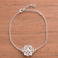 Sterling silver pendant bracelet, 'Exquisite Blossom' - Handcrafted Sterling Silver Filigree Flower Pendant Bracelet