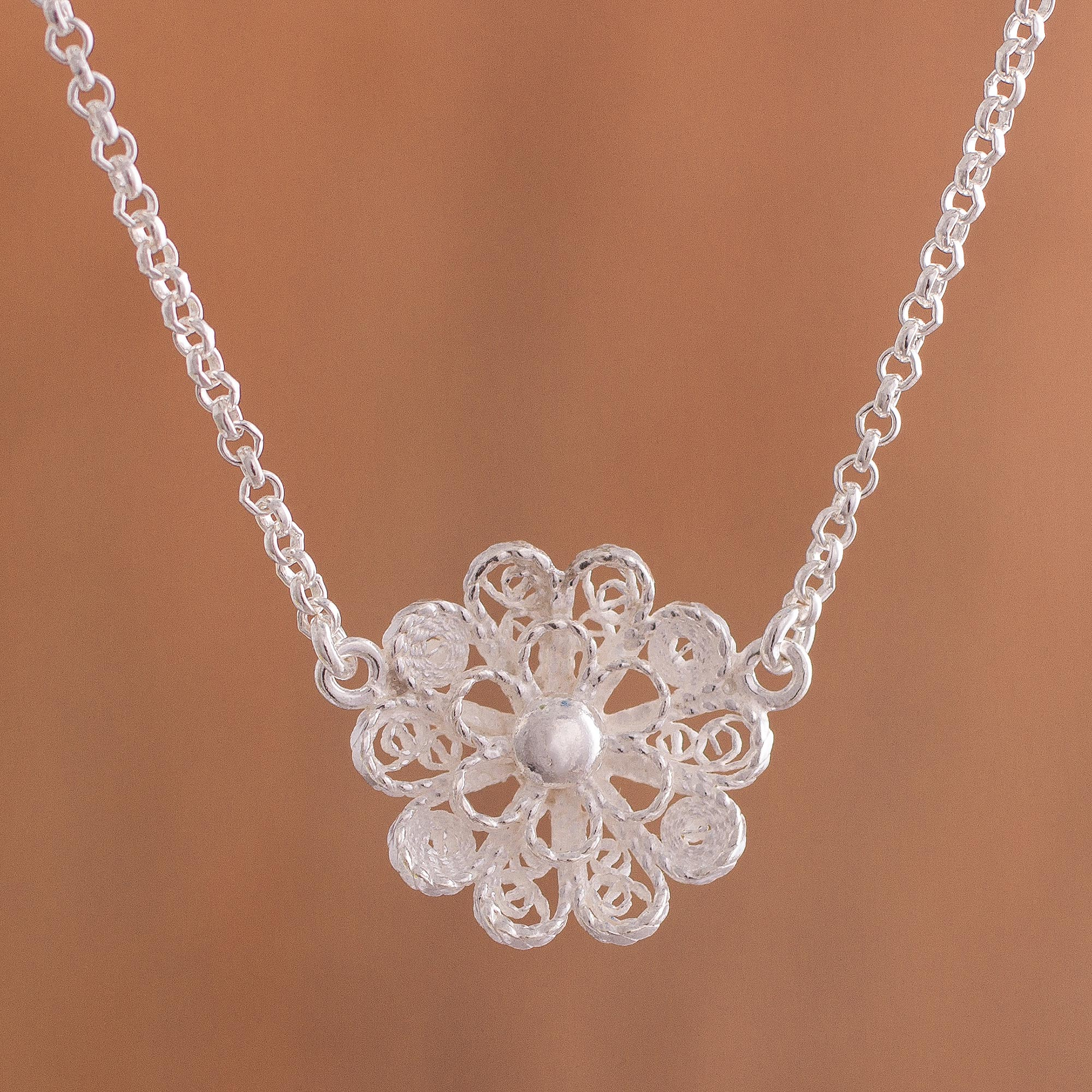 Handcrafted Sterling Silver Filigree Flower Pendant Necklace 