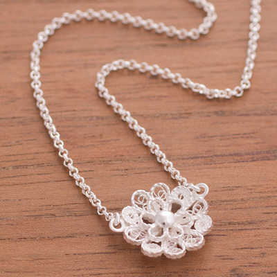 Sterling silver filigree pendant necklace, 'Exquisite Blossom' - Handcrafted Sterling Silver Filigree Flower Pendant Necklace