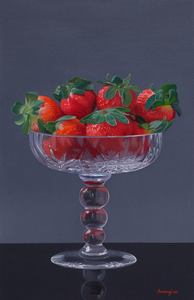 'Purity of the Crystal' - Signed Realist Painting of a Strawberry Bowl from Peru