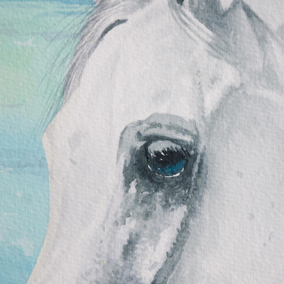 'King of the Snow' - Signed Watercolor Painting of a White Horse from Peru