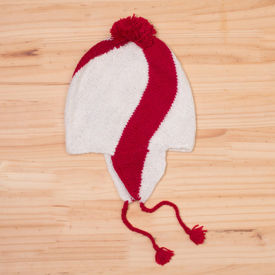 100% baby alpaca chullo hat, 'Andean Crimson' - 100% Baby Alpaca Chullo Hat in Crimson and While