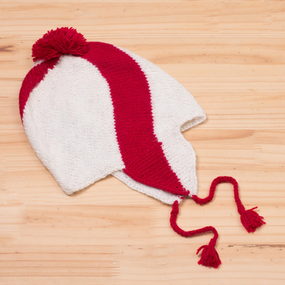 100% baby alpaca chullo hat, 'Andean Crimson' - 100% Baby Alpaca Chullo Hat in Crimson and While