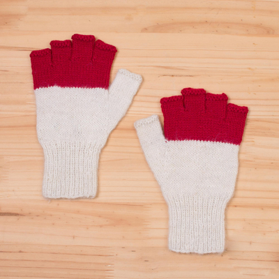 100% baby alpaca fingerless gloves, 'Crimson Peaks' - Baby Alpaca Fingerless Gloves in Crimson and Eggshell