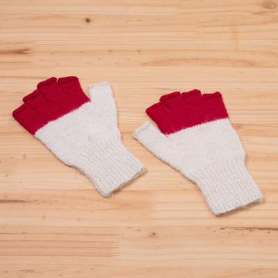 100% baby alpaca fingerless gloves, 'Crimson Peaks' - Baby Alpaca Fingerless Gloves in Crimson and Eggshell